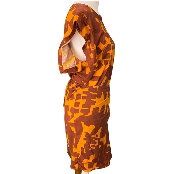 Isabel Marant Flessy Print Wrap Dress Crew Neck Cap Sleeve Orange Dark Brown XL - Picture 8 of 16